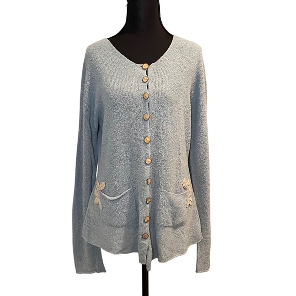 D.A.R.E. Sweaters - D.A.R. Blue Knit Button Up Cardigan with Embroidered Flower Pockets Lightweight